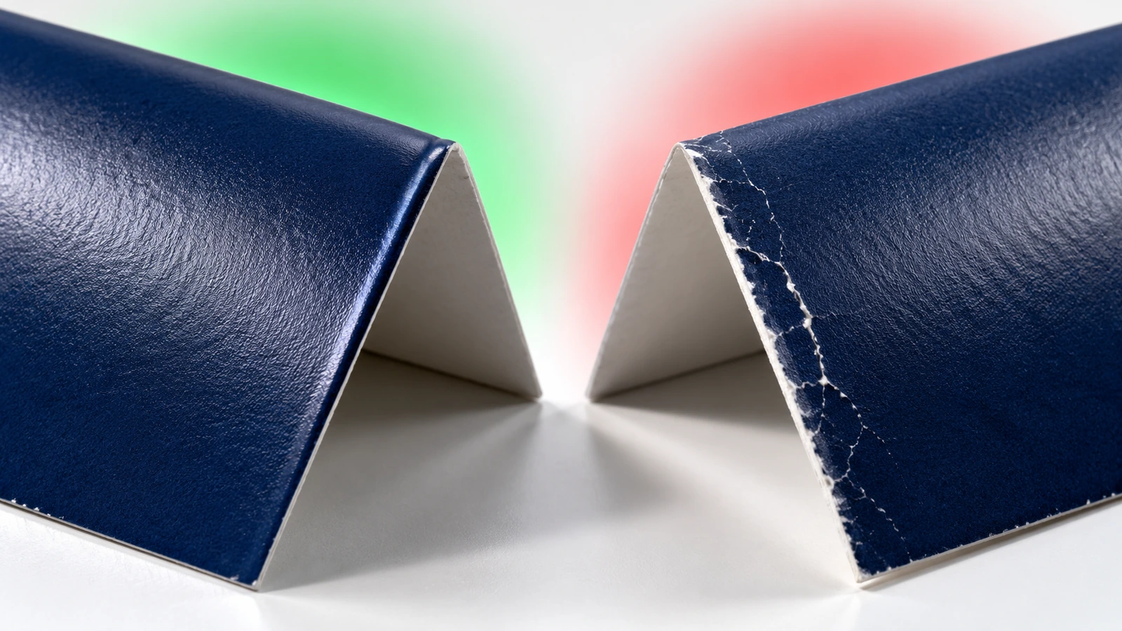 Primo piano macro della piega ben cordonata di un pieghevole a tre ante accanto a una piega senza cordonatura e screpolata, che mostra la differenza nella superficie dell'inchiostro lungo la linea di piega