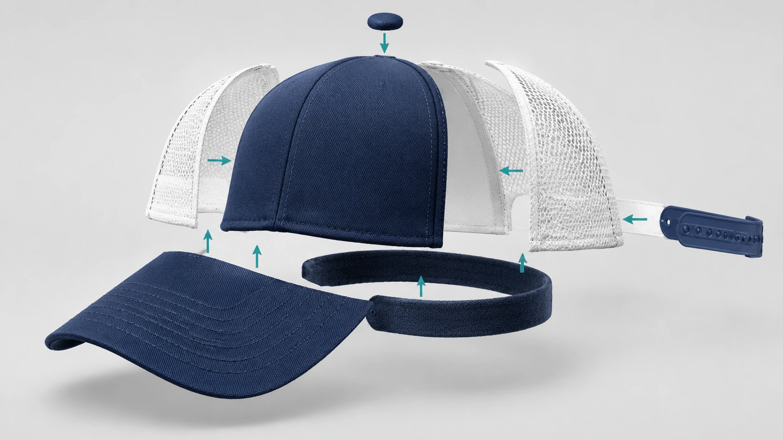 Vista esplosa di un cappellino trucker personalizzato di alta qualità con frontale, pannelli posteriori in rete, visiera, fascia assorbisudore e chiusura a scatto come parti separate