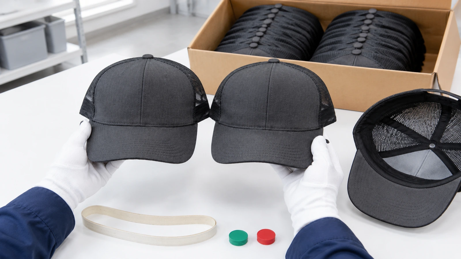 Ispettore che confronta un cappellino trucker del lotto di produzione con un campione di riferimento sigillato su un tavolo di ispezione illuminato dalla luce del giorno