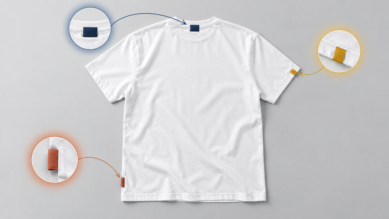 Vista posteriore di una t-shirt stesa in piano con segnaposto colorati al centro dietro del collo, sull'orlo laterale sinistro e sull'orlo della manica, che mostrano le tre posizioni dell'etichetta tessuta