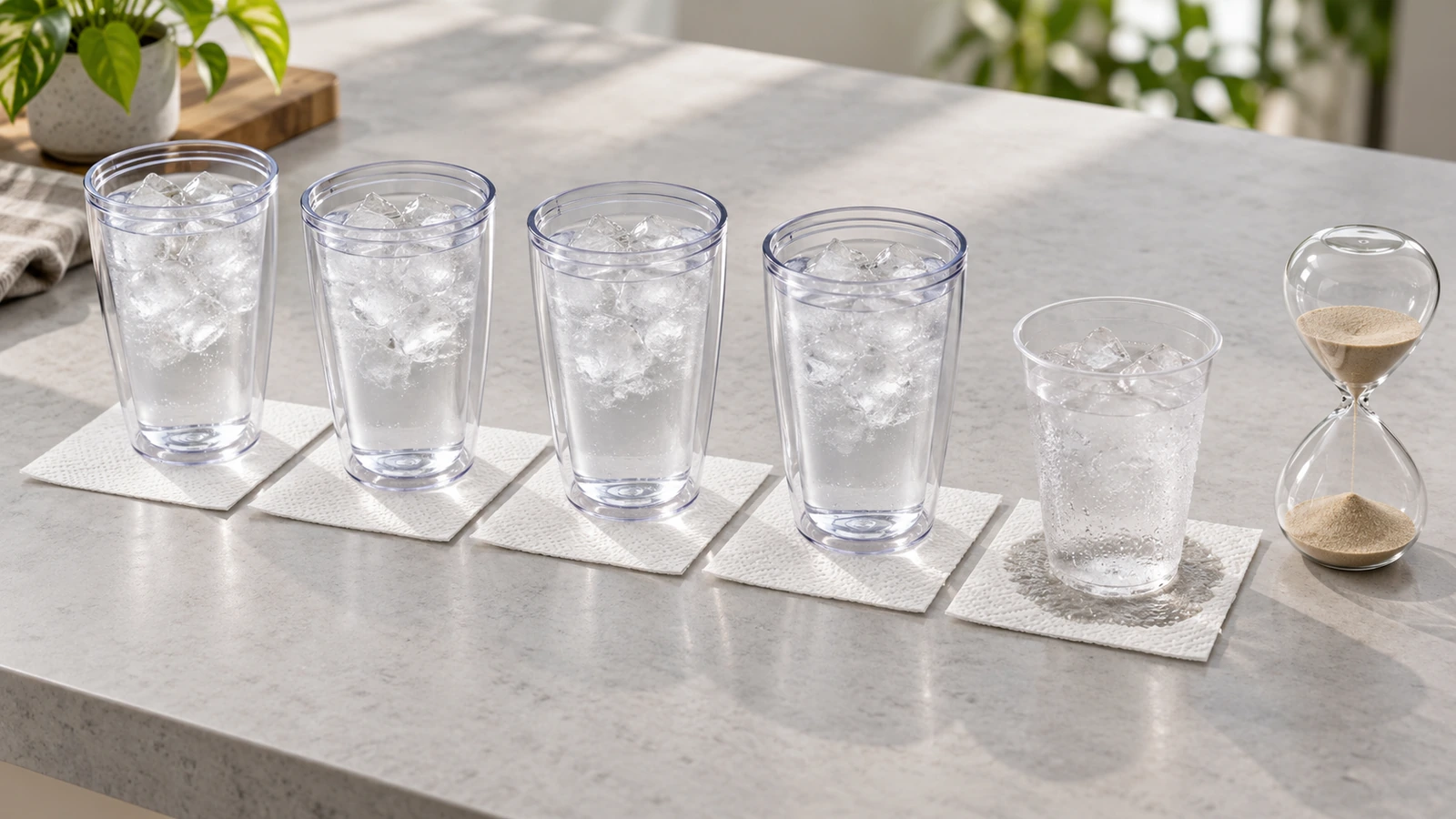 Allestimento di prova su tavolo con una fila di tumbler in plastica a doppia parete vuoti riempiti di acqua ghiacciata, un tovagliolo di carta bianco sotto ogni bicchiere e una clessidra, in luce diurna soffusa