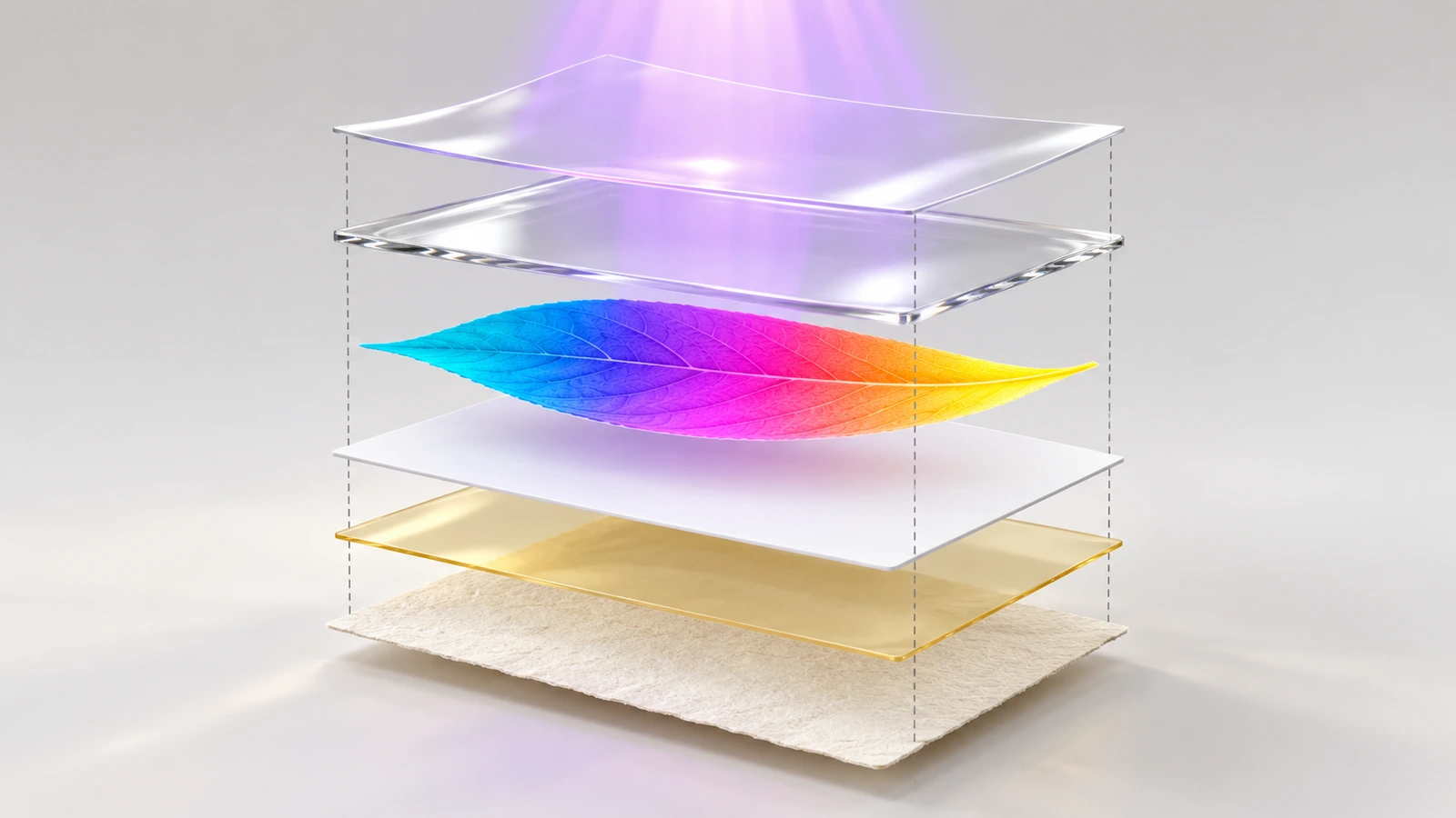 Sezione esplosa di un adesivo UV transfer che mostra, in ordine di sovrapposizione, supporto siliconato, collante, base bianca di inchiostro, inchiostro a colori, vernice trasparente e pellicola di trasferimento trasparente