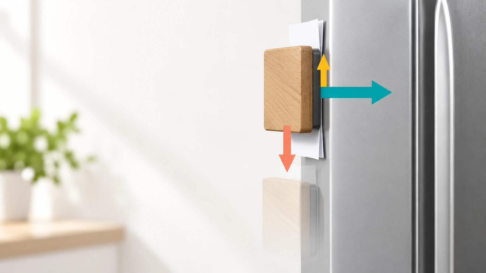 Schema di un magnete di legno su una porta d'acciaio verticale con frecce che indicano la forza magnetica di serraggio, il peso verso il basso e l'attrito verso l'alto