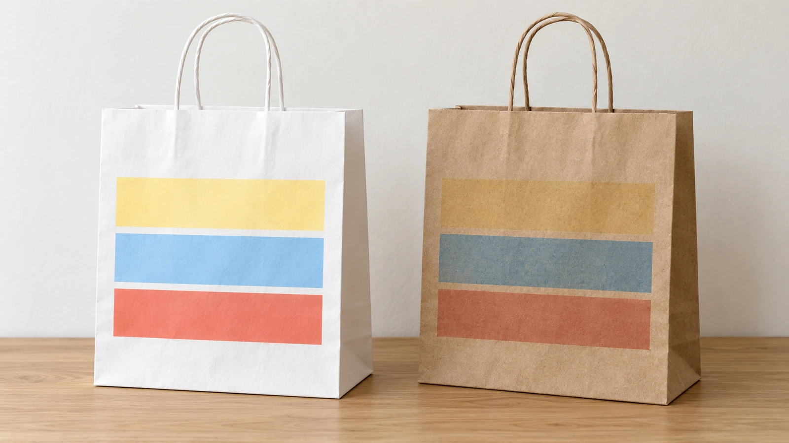 Sacchetti shopping in carta kraft bianca e marrone della stessa forma affiancati, entrambi stampati con lo stesso motivo astratto a blocchi di colore per mostrare come la carta di base cambia colore