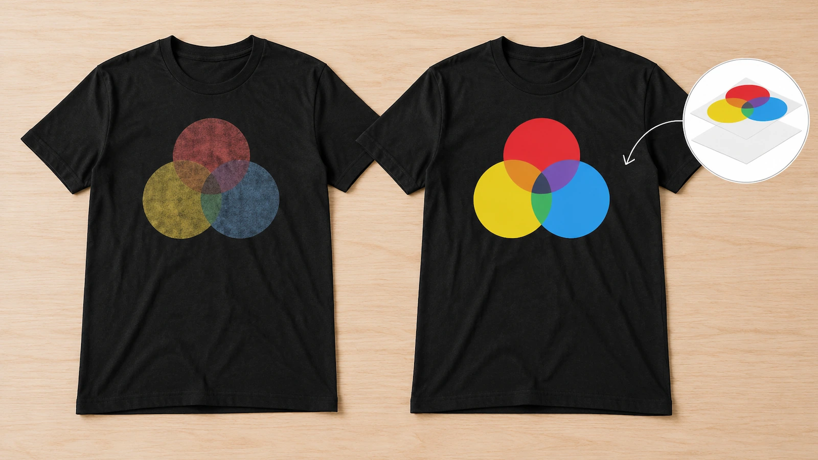 Due t-shirt nere identiche affiancate: una con una stampa spenta senza base bianca e una con una stampa vivace sovrapposta a una base bianca
