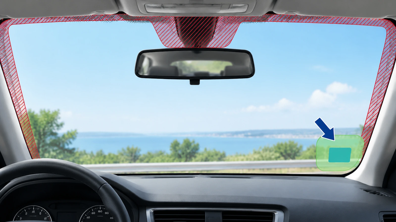 Schema di un parabrezza visto dall'interno dell'auto, con un'area bersaglio verde in un angolo inferiore, aree tratteggiate in rosso sulla zona dei sensori e sulla fascia puntinata del bordo, e una freccia che indica il punto approvato