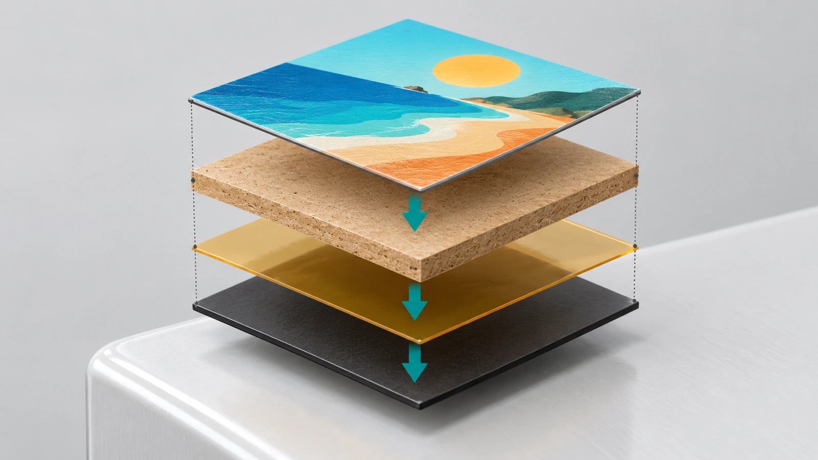 Vista esplosa di un magnete da frigo in legno stampato che mostra la faccia stampata, l'anima in MDF, lo strato adesivo e il supporto magnetico separati da frecce