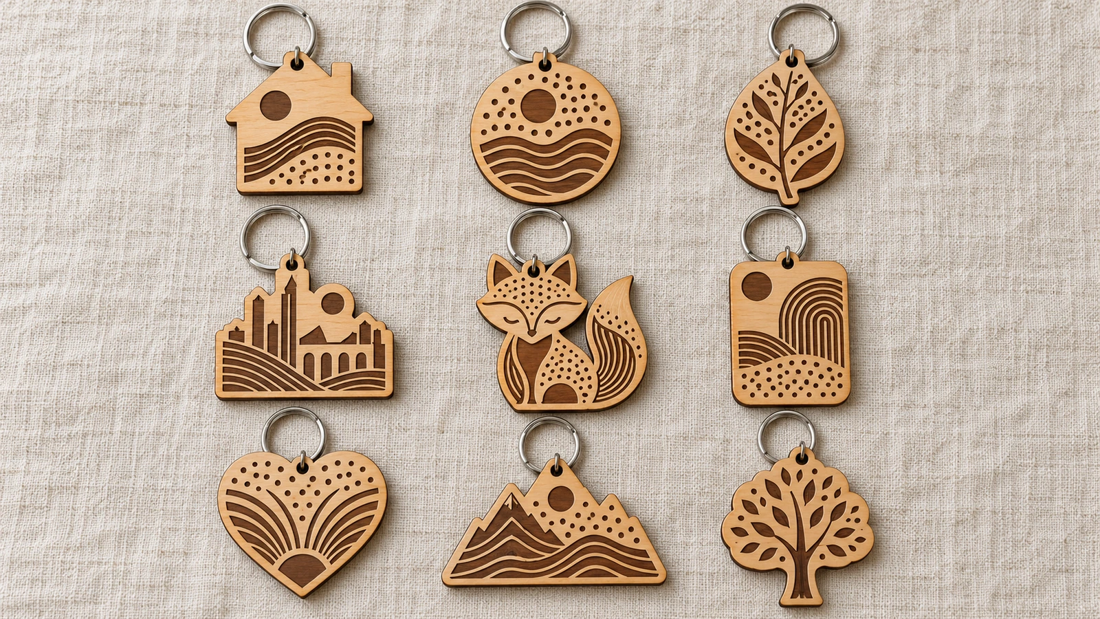 Galleria in vista dall'alto di portachiavi in legno personalizzati a forma di casa, badge, foglia e monumento, con motivi a linee incisi su lino chiaro