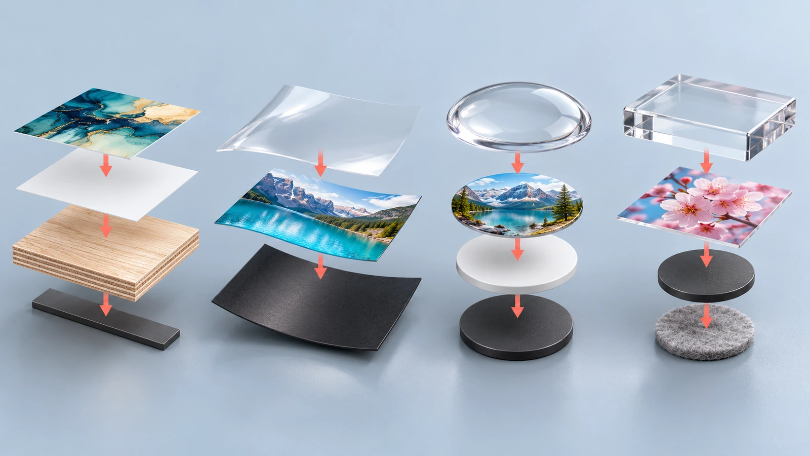 Sezione degli strati di un magnete da frigorifero stampato, con faccia decorativa, supporto e retro magnetico per ciascun processo