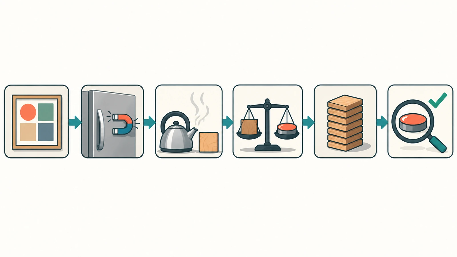Diagramma decisionale per scegliere come stampare i magneti da frigorifero, dal tipo di grafica alla verifica della superficie, all'ambiente, al dimensionamento del magnete, alla tiratura e ai controlli sul campione