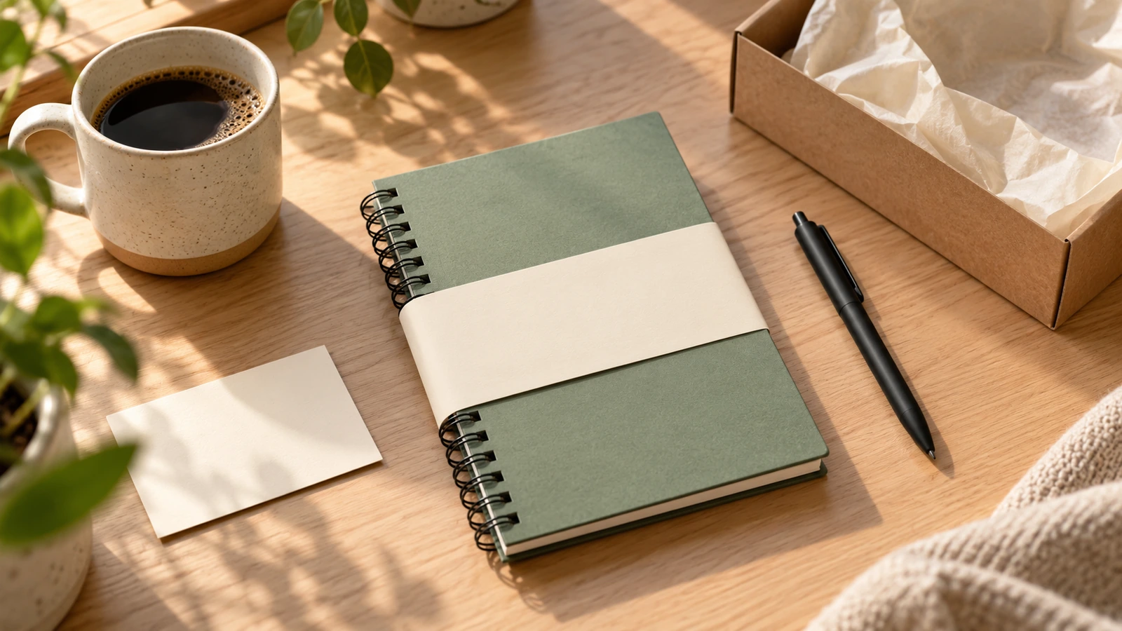 Kit di benvenuto per l'onboarding su una scrivania, con un quaderno rilegato a filo metallico avvolto in una semplice custodia colorata, una penna e un piccolo cartoncino bianco, in morbida luce diurna