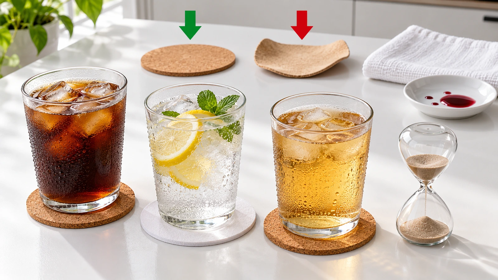 Setup del test con bicchieri ghiacciati su sottobicchieri in sughero e in cartoncino di cellulosa, una clessidra e un sottobicchiere piatto a confronto con uno arricciato