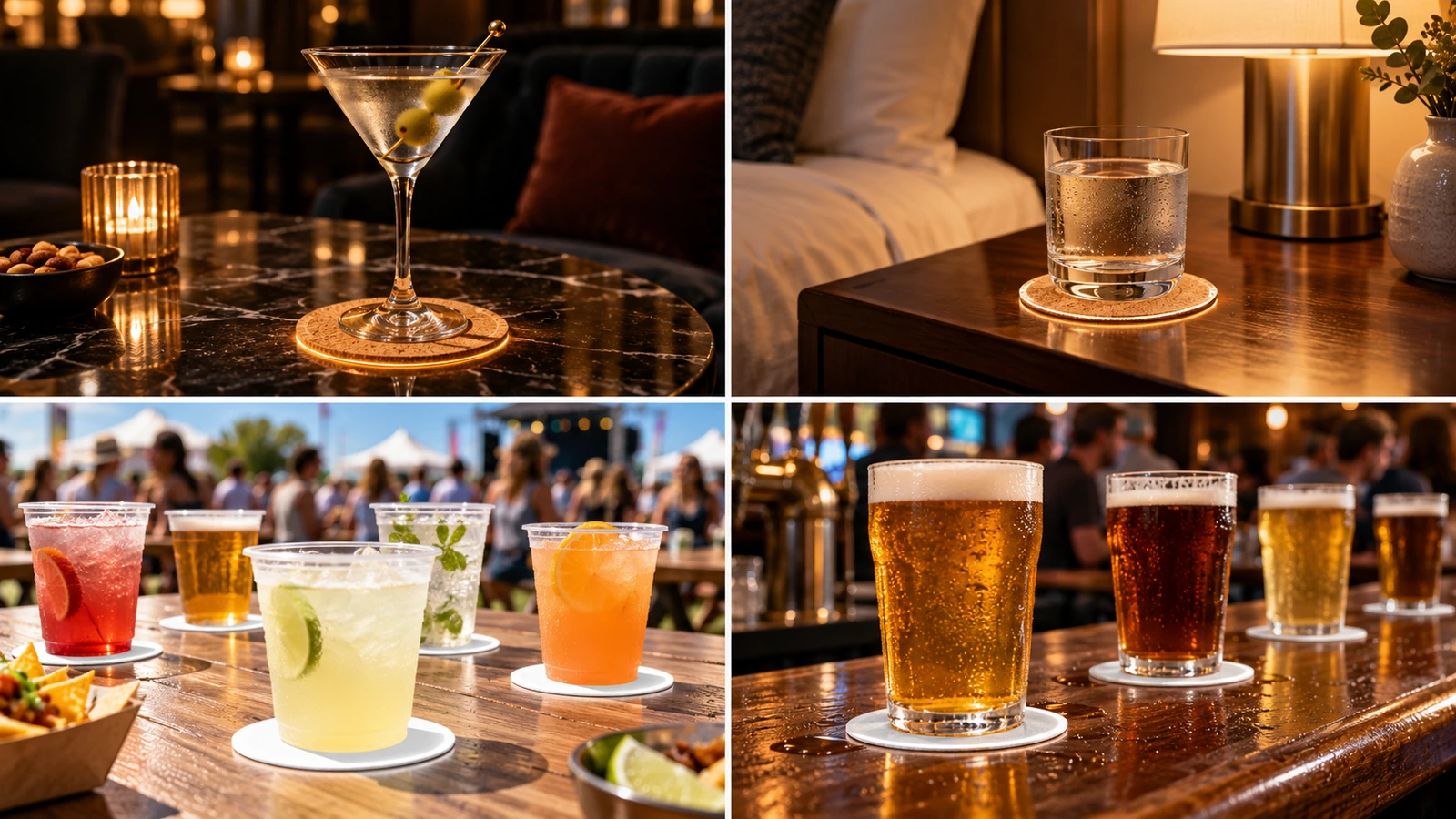 Quattro scene di locali: sottobicchieri color ambra in sughero in un lounge e in una camera d'albergo, e sottobicchieri bianchi in cartoncino di cellulosa a un festival e in un bar della birra affollato