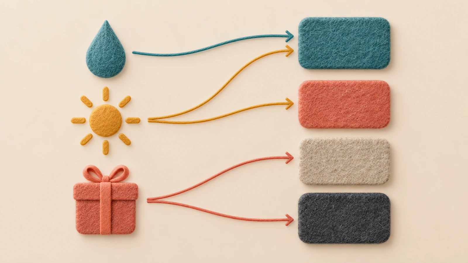 Diagramma decisionale con forme colorate e frecce che indirizza un progetto di adesivo in feltro dall'ambiente d'uso alla scelta della fibra