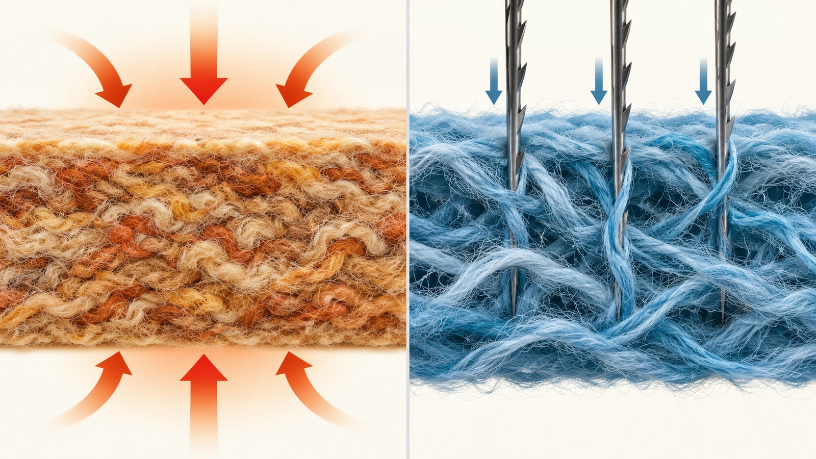Illustrazione in sezione che confronta un feltro pressato denso e strettamente intrecciato con un feltro agugliato più voluminoso, le cui fibre sono trascinate dagli aghi barbati