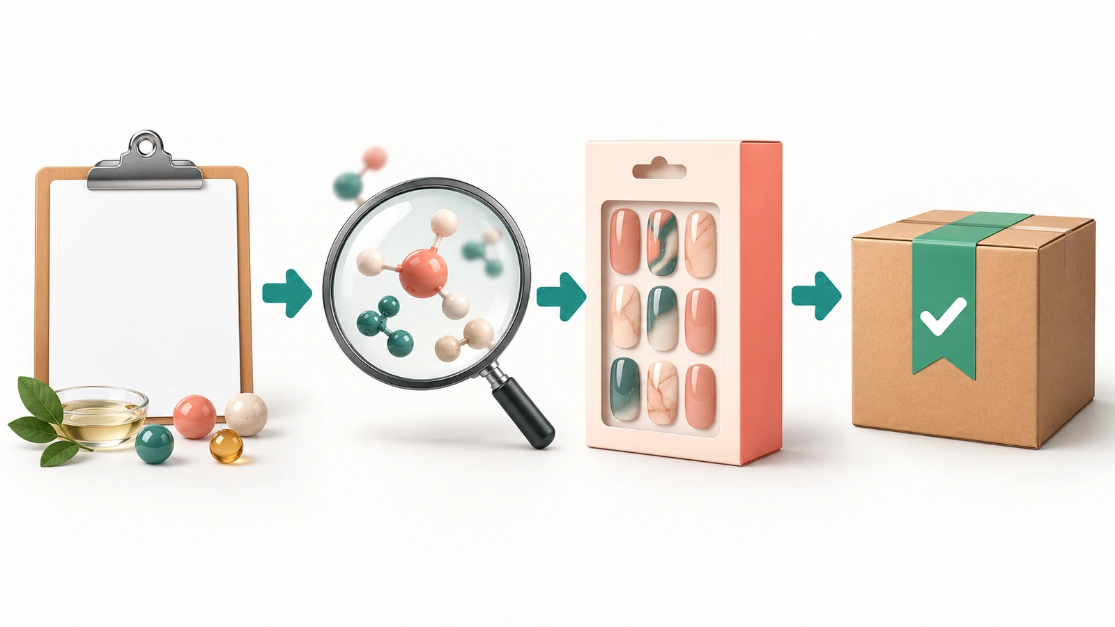 Illustrazione del flusso di lavoro con frecce che collegano una scheda di formula, una verifica della sicurezza, una scatola etichettata e un cartone di spedizione per una linea di pellicole per unghie