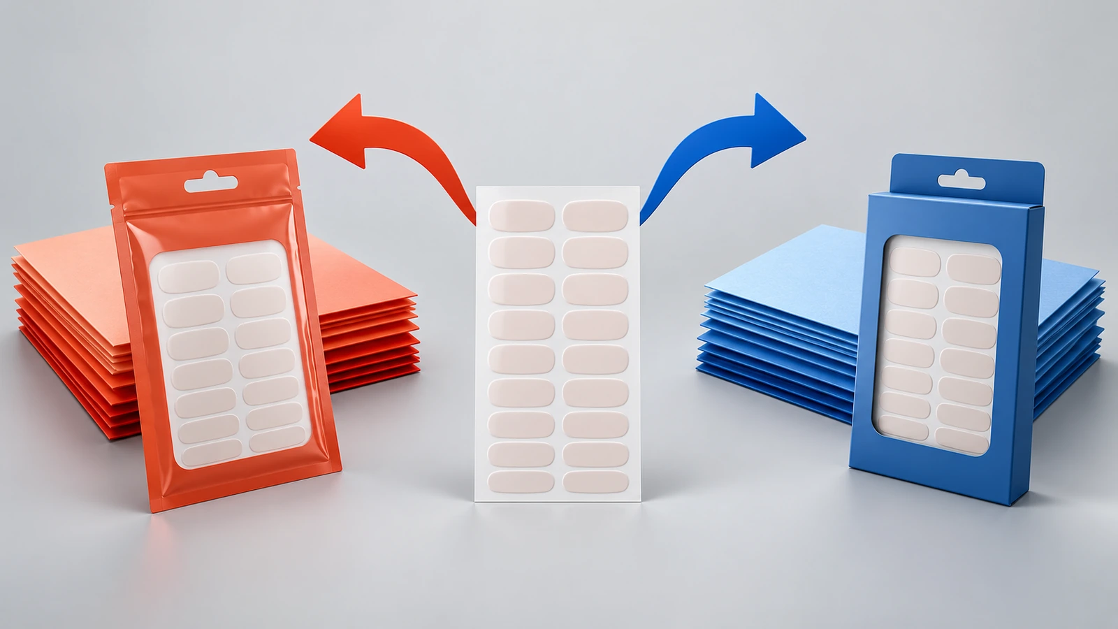 Due pile di documenti di colori diversi collegate da frecce a due confezioni separate di pellicole per unghie, a rappresentare percorsi di conformità distinti per USA e UE