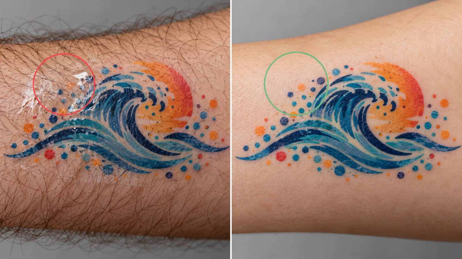 Vista macro divisa che confronta, a sinistra, un tatuaggio temporaneo che si solleva con minuscole bolle d'aria sui peli del braccio e, a destra, un tatuaggio liscio e completamente aderente su pelle senza peli