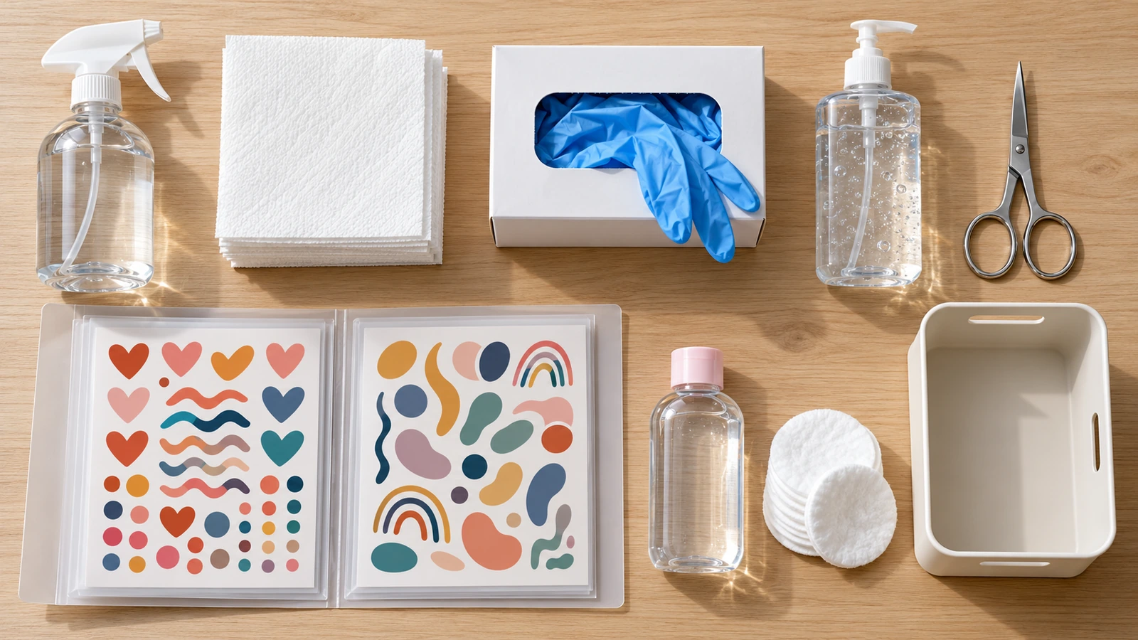 Vista dall'alto di una postazione igienica per tatuaggi temporanei con spray, quadratini di carta assorbente monouso, forbici, fogli pre-tagliati in una cartellina, gel igienizzante, olio per bambini e un cestino dei rifiuti