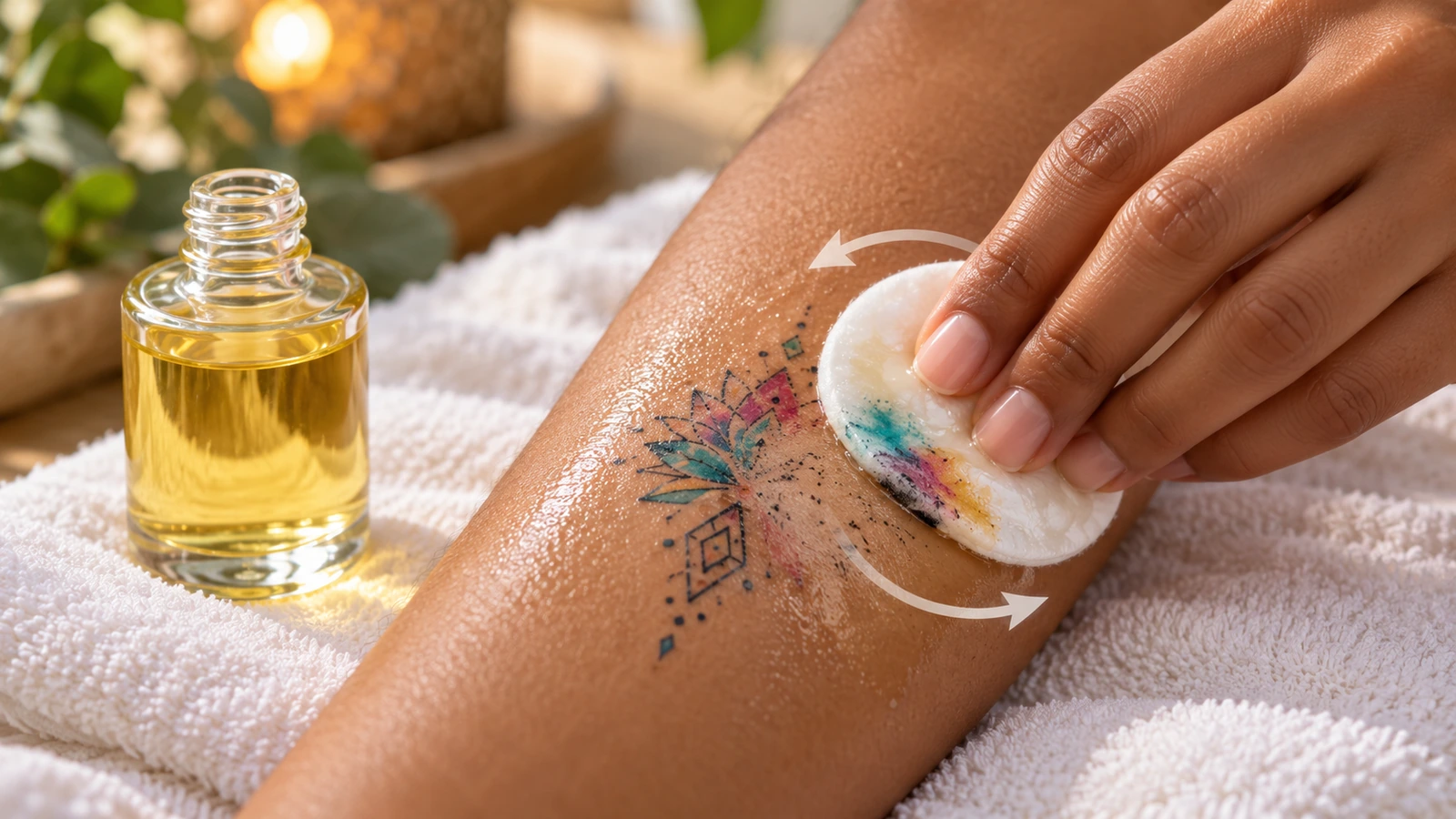 Primo piano di un dischetto di cotone imbevuto di olio trasparente che solleva un tatuaggio temporaneo sbiadito da un avambraccio, con forme di frecce circolari morbide che mostrano il movimento di pulizia