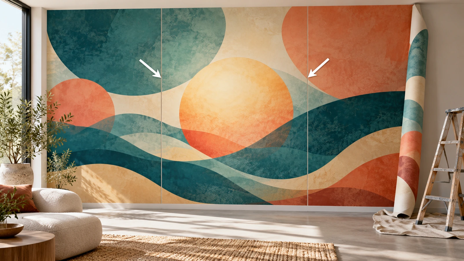 Grande murale astratto di colore del brand, mostrato come pannelli verticali su una parete della reception, con frecce che indicano dove le giunzioni si allontanano dalla forma focale centrale