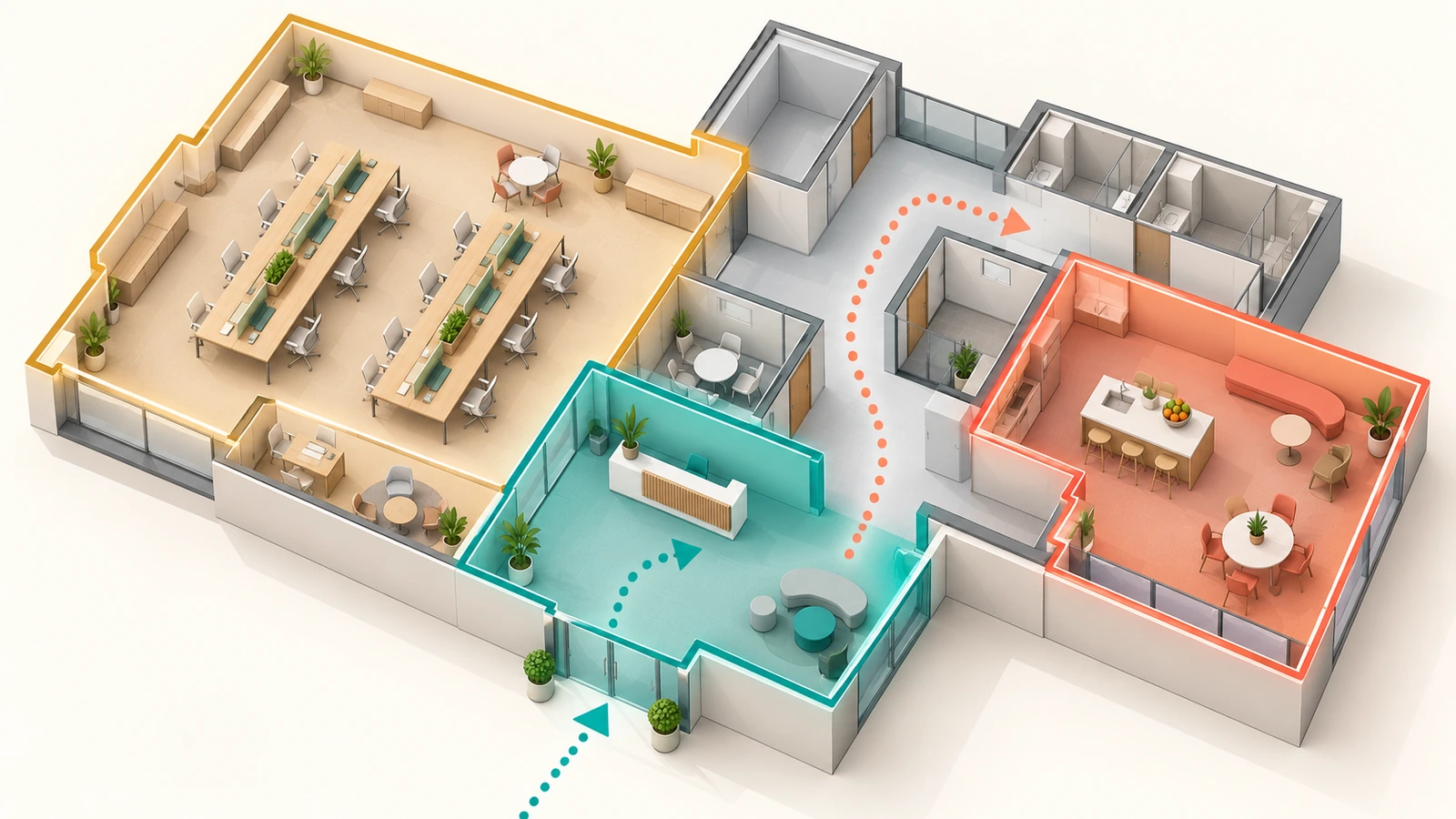 Planimetria isometrica di un ufficio suddivisa in zone colorate per ingresso, lavoro, circolazione e aree di servizio, con frecce che mostrano i percorsi di visitatori e dipendenti verso le pareti in evidenza