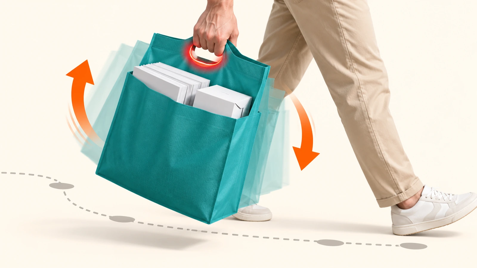 Mano che solleva una borsa piatta in non tessuto riempita, con manico punzonato, e frecce curve che mostrano le forze di sollevamento e oscillazione concentrate sul bordo del manico