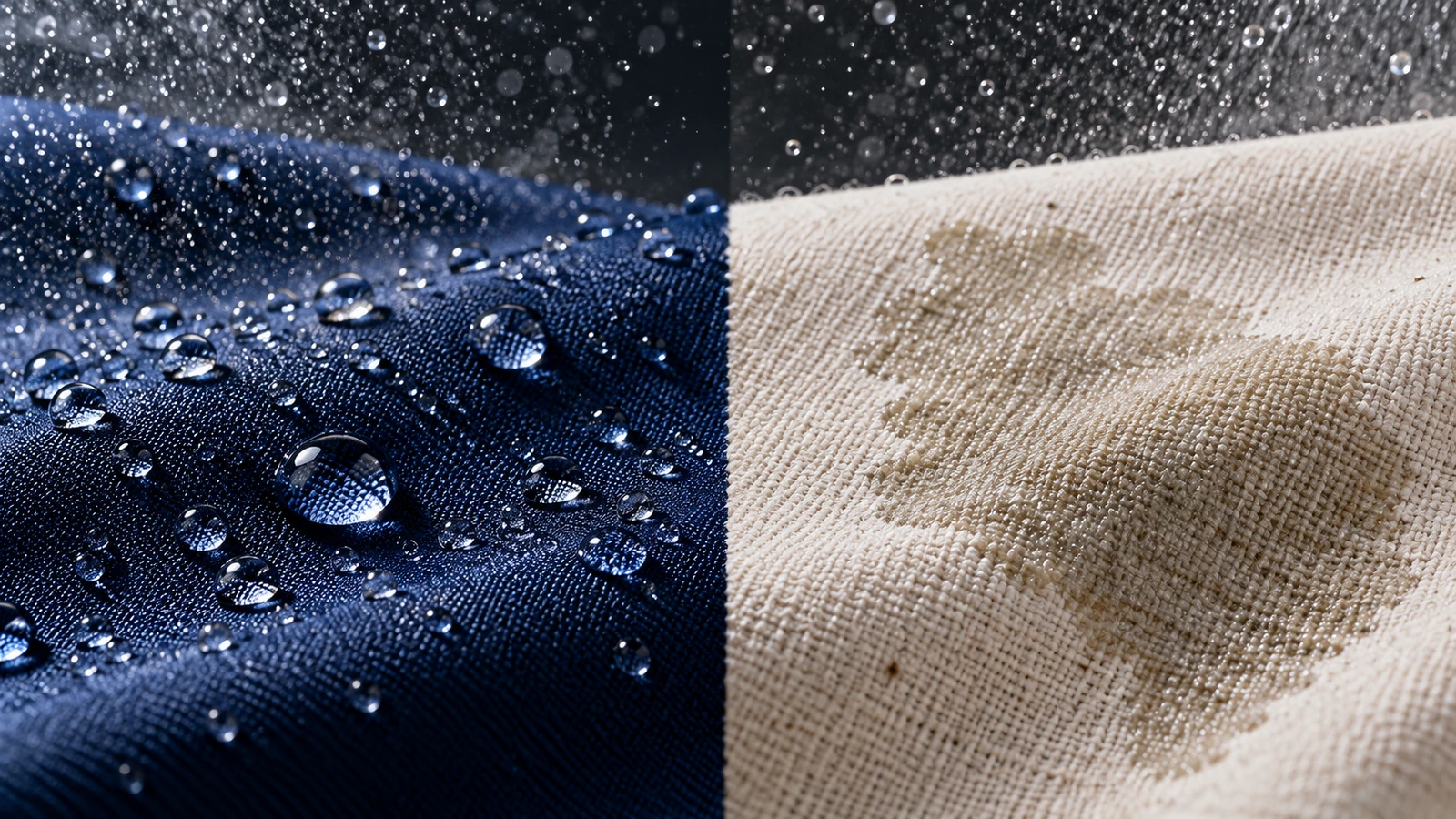 Gocce d'acqua che perlano su un tessuto sintetico liscio accanto all'acqua che penetra in una tela di cotone intrecciata
