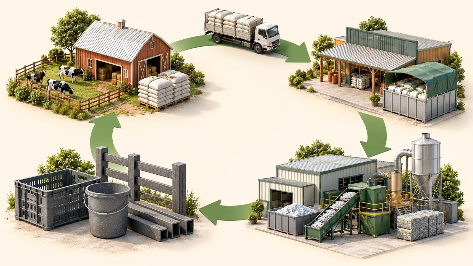 Ciclo circolare di ritiro che mostra un'azienda agricola, un contenitore di raccolta presso il rivenditore, un impianto di riciclo e nuovi prodotti collegati da frecce