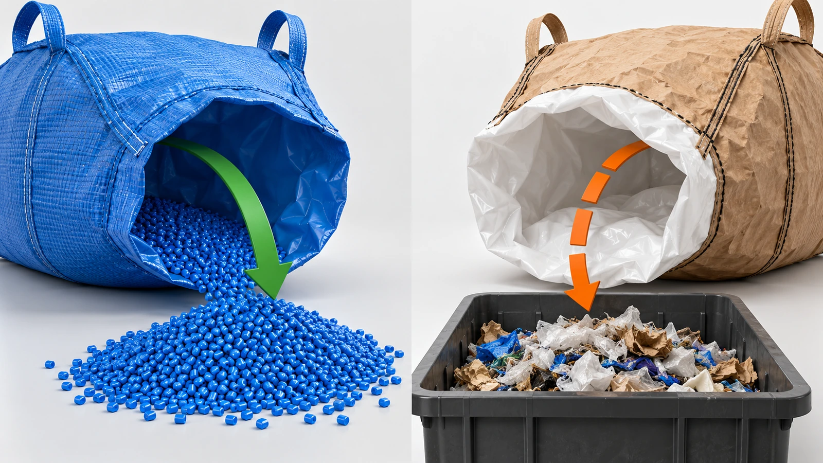 Confronto affiancato tra un sacco monocromatico in monomateriale e un sacco multicolore in materiali misti, con frecce che indicano un percorso verso un cumulo di pellet e l'altro verso un contenitore degli scarti