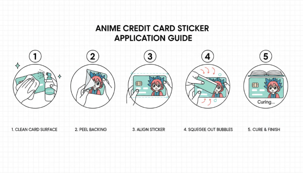 Professional technique for bubble-free anime card skin installation Visual workflow showing five stages of anime credit card sticker application