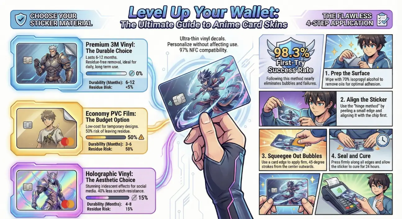 Level Up Your Wallet - Complete Card Skins Guide for anime credit card customization Level Up Your Wallet Card Skins Guide - Complete infographic for anime credit card sticker selection and application