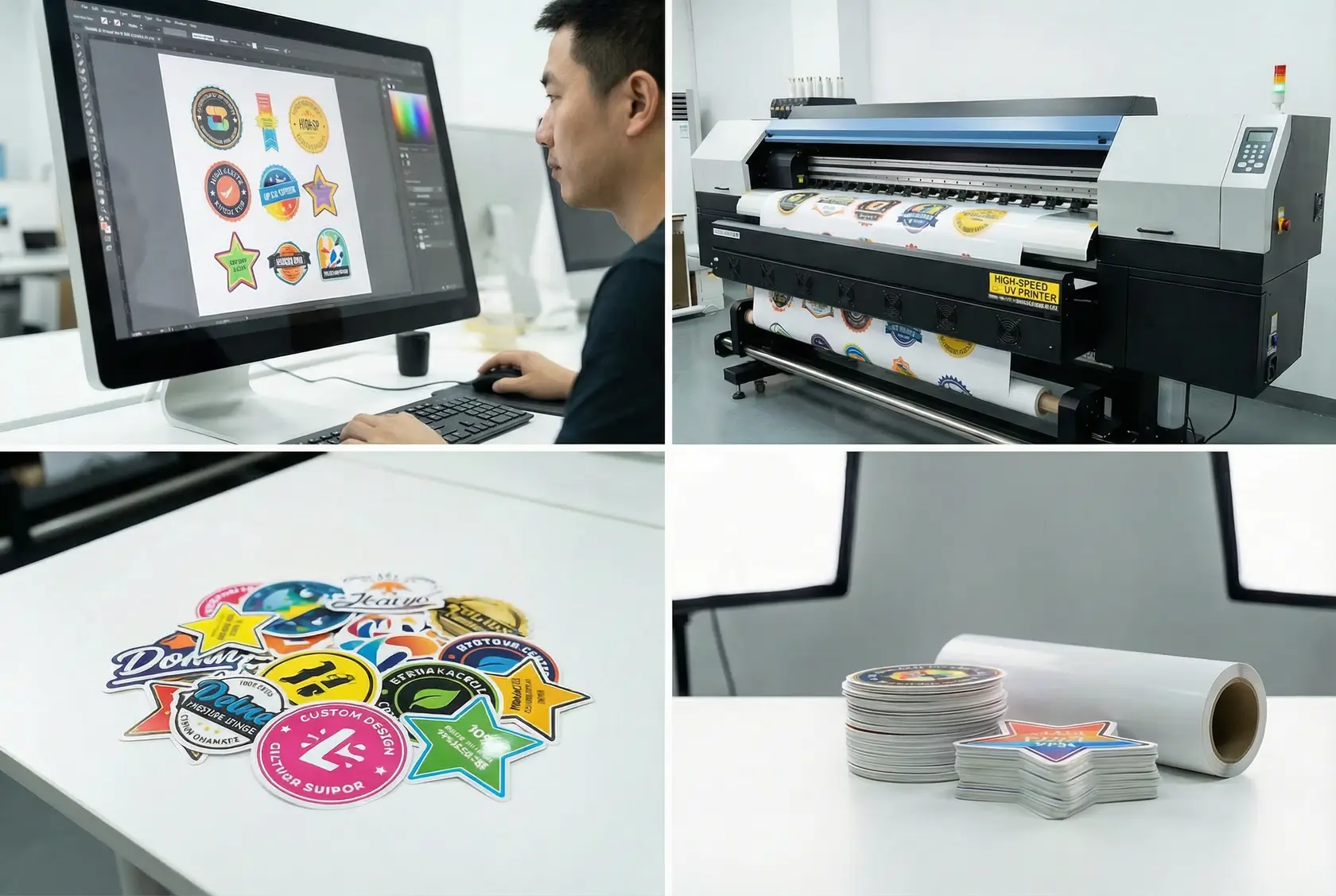 Processo di stampa di adesivi personalizzati che mostra la trasformazione dal design digitale all'adesivo in vinile finito