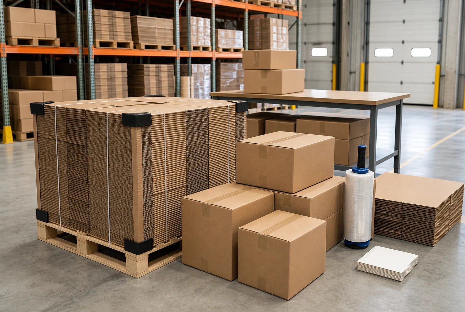 Fogli di cartone ondulato piani impilati su un pallet accanto a scatole montate e film estensibile