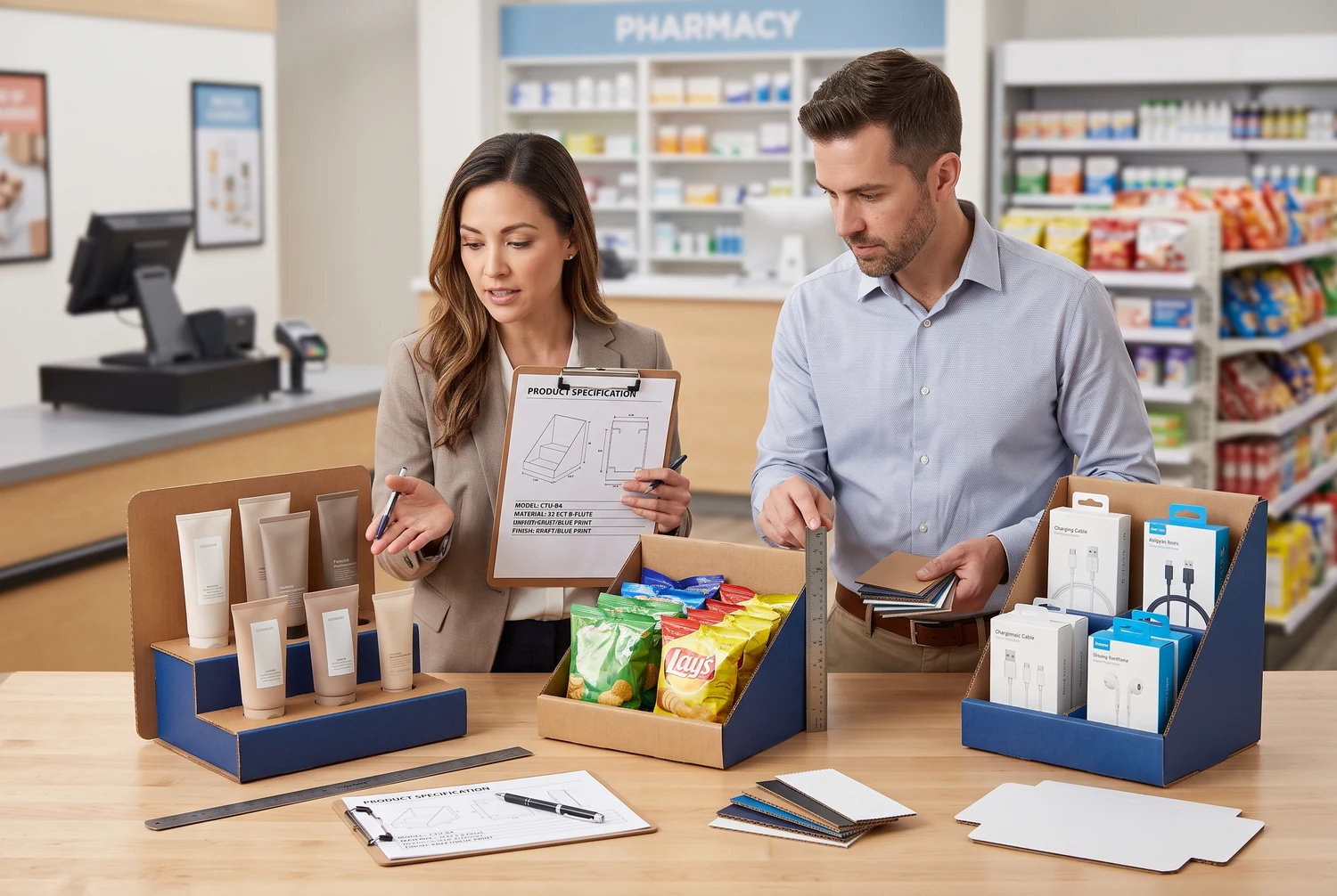 Acquirente di imballaggi che esamina espositori da banco personalizzati per cosmetici, snack e accessori in contesti retail