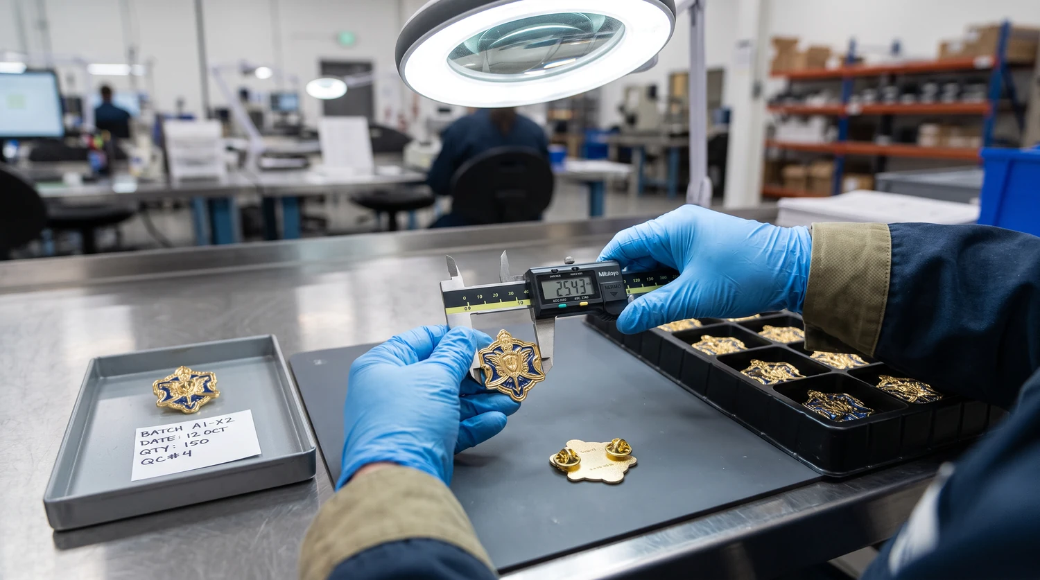 Operatore con guanti blu che misura un pin dorato con un calibro digitale sotto una lampada d'ingrandimento