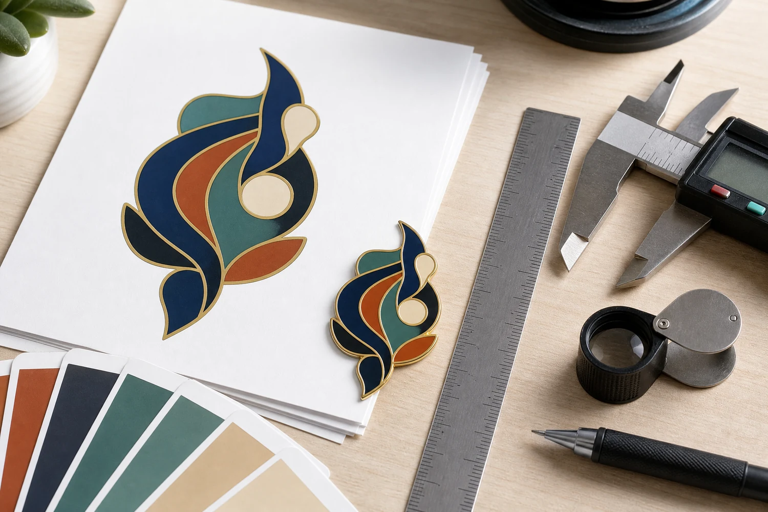 Controllo preliminare della grafica di produzione per spille smaltate personalizzate Designer che controlla tracciati vettoriali, riferimenti Pantone, spessori delle linee, dimensioni del testo e posizione dei perni prima della produzione