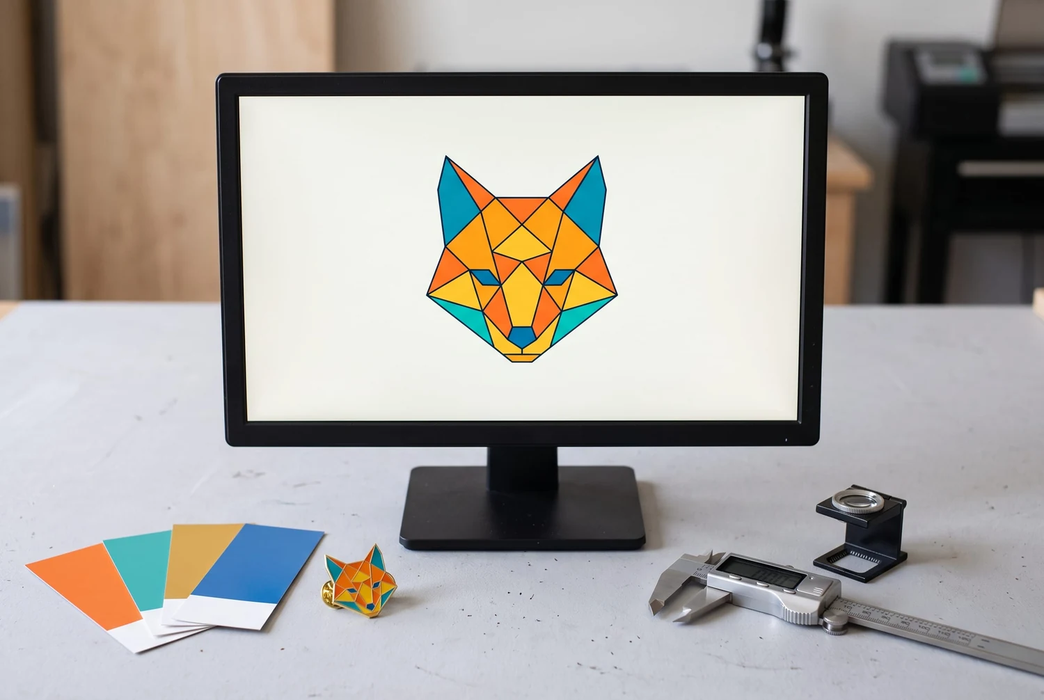 Grafica della spilla con volpe e riferimenti colore Opera grafica geometrica di una volpe su un monitor con campioni di colore, una spilla abbinata e strumenti di misura sulla scrivania