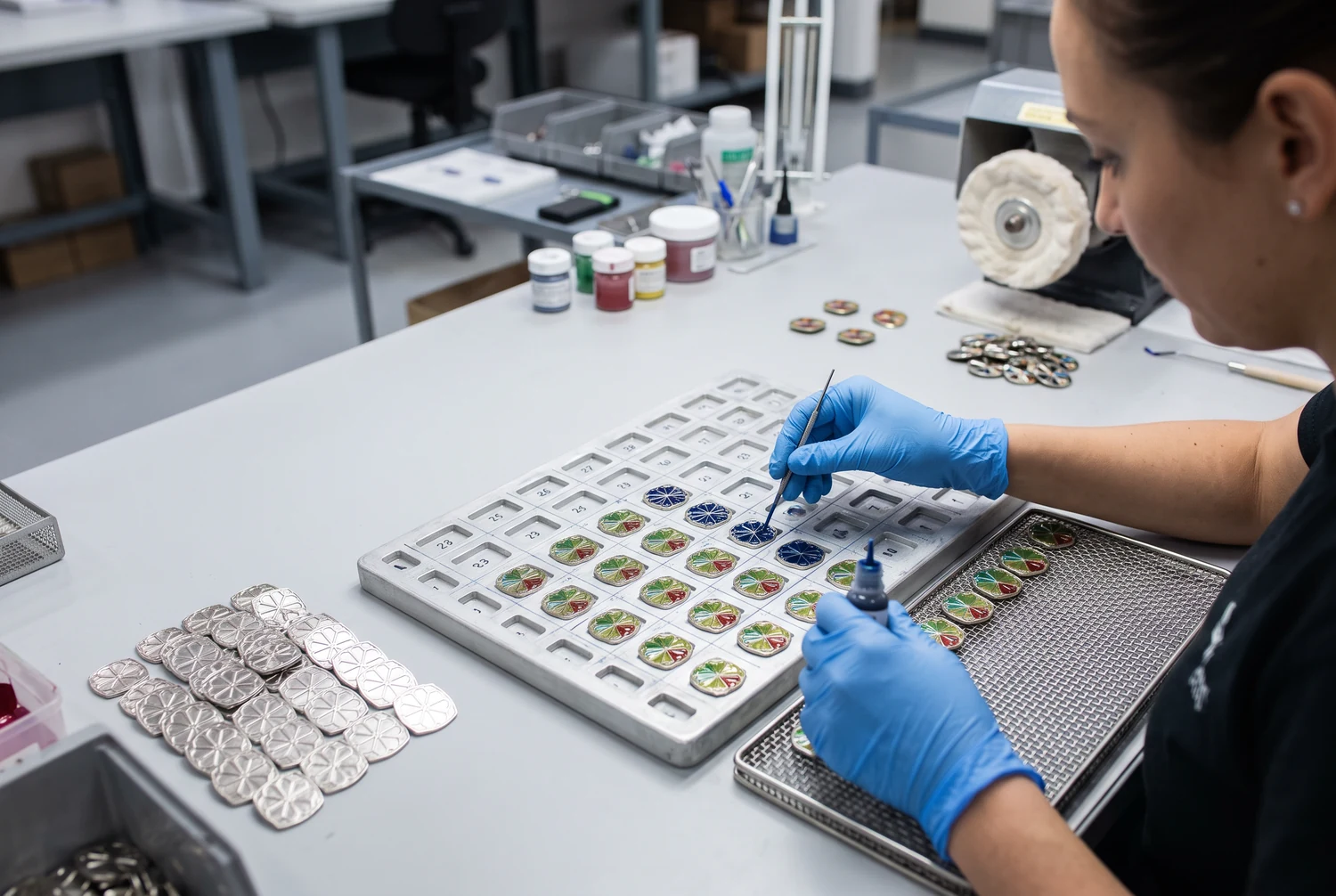 Applicazione del colore su un banco di lavoro per spille Operaia con guanti blu che applica il colore alle spille disposte in un vassoio su un banco di lavoro