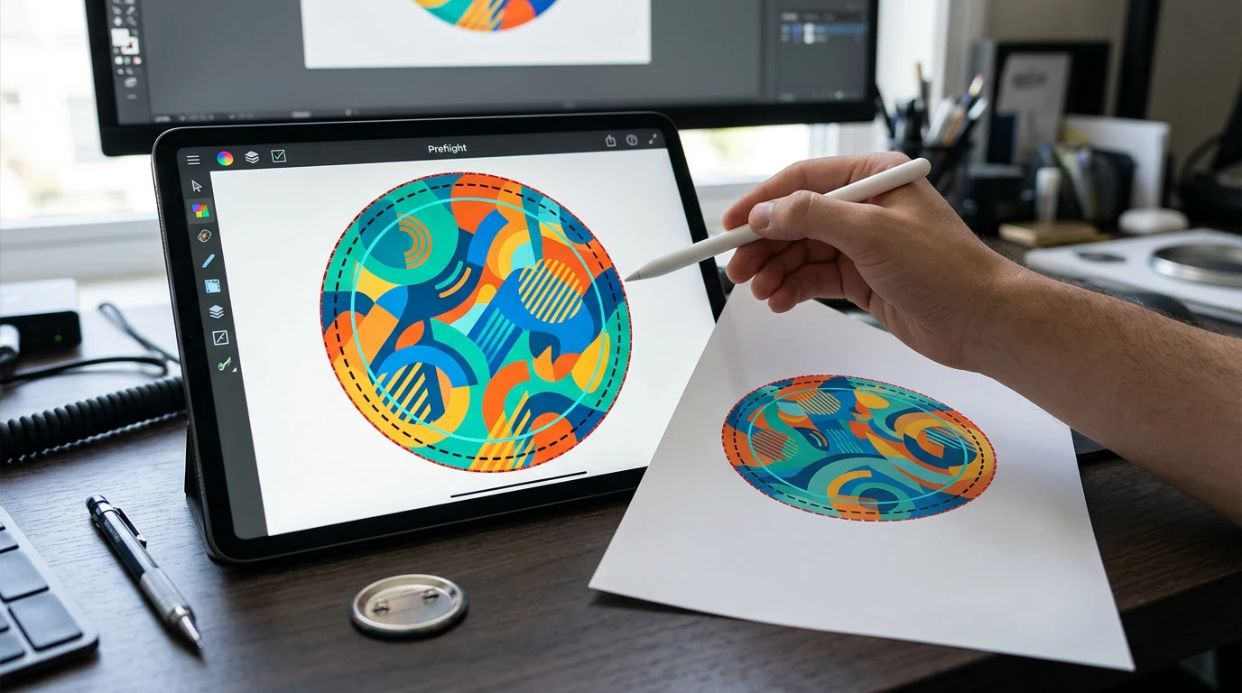 Designer che controlla la grafica di una spilla personalizzata per risoluzione di 300 DPI, colore CMYK, abbondanza, area di sicurezza e numero di revisione