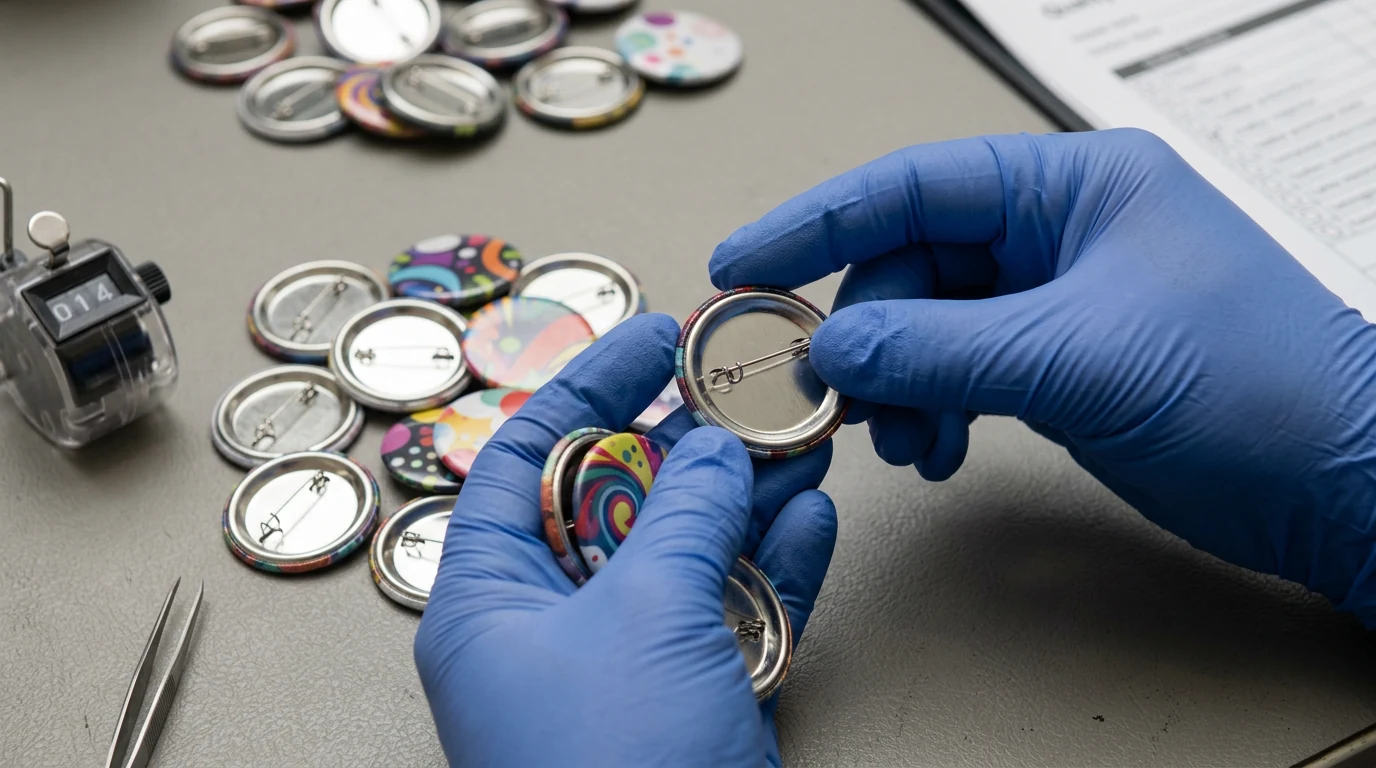 Addetto al controllo qualità che verifica nitidezza della stampa, centratura della grafica, uniformità dei bordi aggraffati e sicurezza degli spilli posteriori