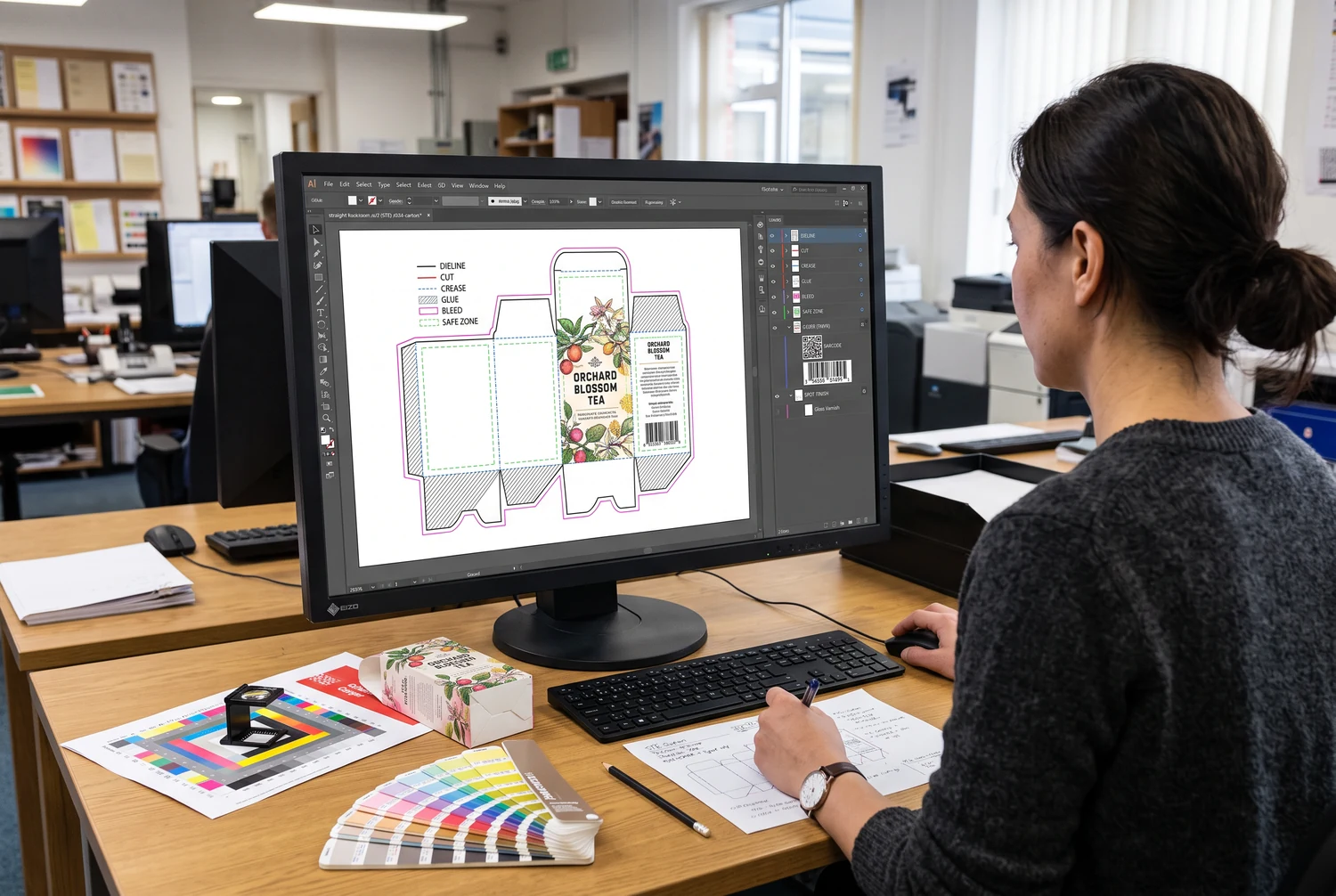 Designer che osserva un fustellato di astuccio stampato su un monitor, accanto a campioni di colore
