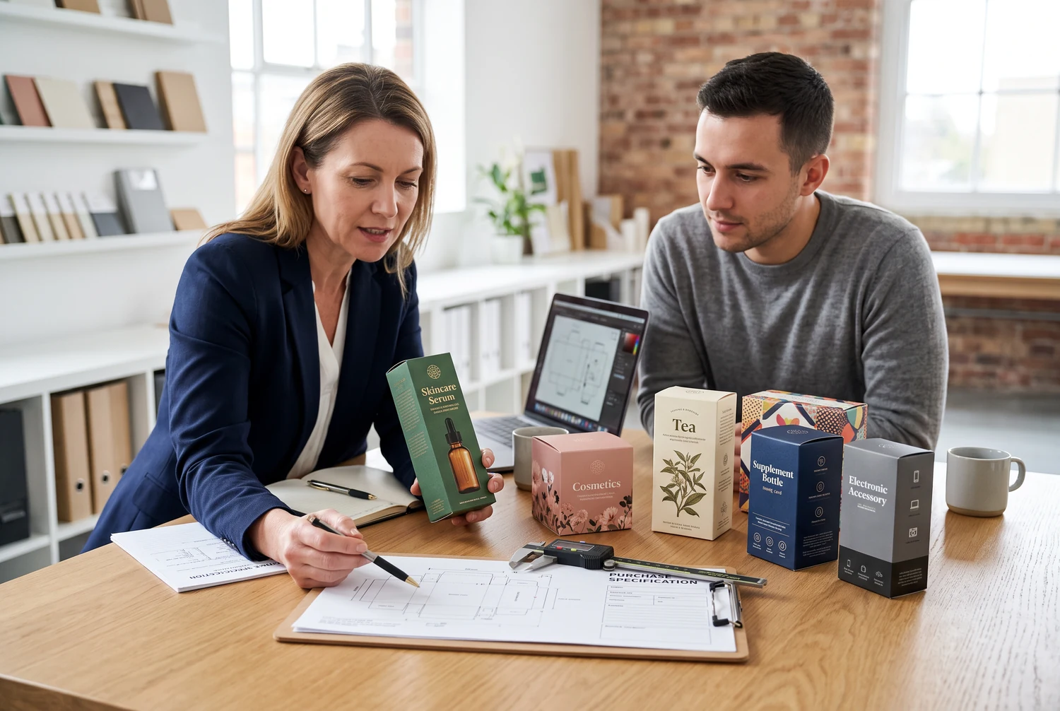 Team acquisti che valuta le applicazioni degli astucci personalizzati con alette a incastro allineate per cosmetici, alimenti, integratori ed elettronica