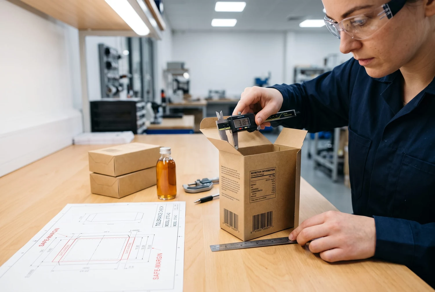 Tecnico del packaging che misura la compatibilità del prodotto e controlla la leggibilità di codice a barre ed etichetta su un astuccio con alette a incastro allineate