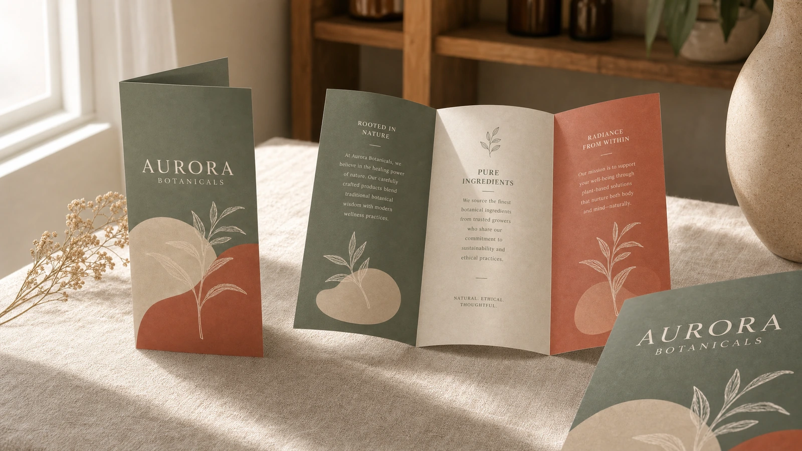 Flusso di lavoro di una brochure personalizzata a tre ante con fasi di approvazione della prova, stampa, cordonatura, piegatura, rifilatura e imballaggio