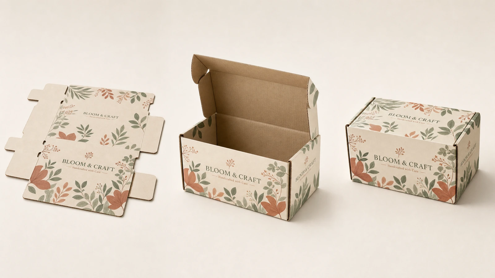 Fustella piana con stampa botanica accanto a scatole montate, aperta e chiusa