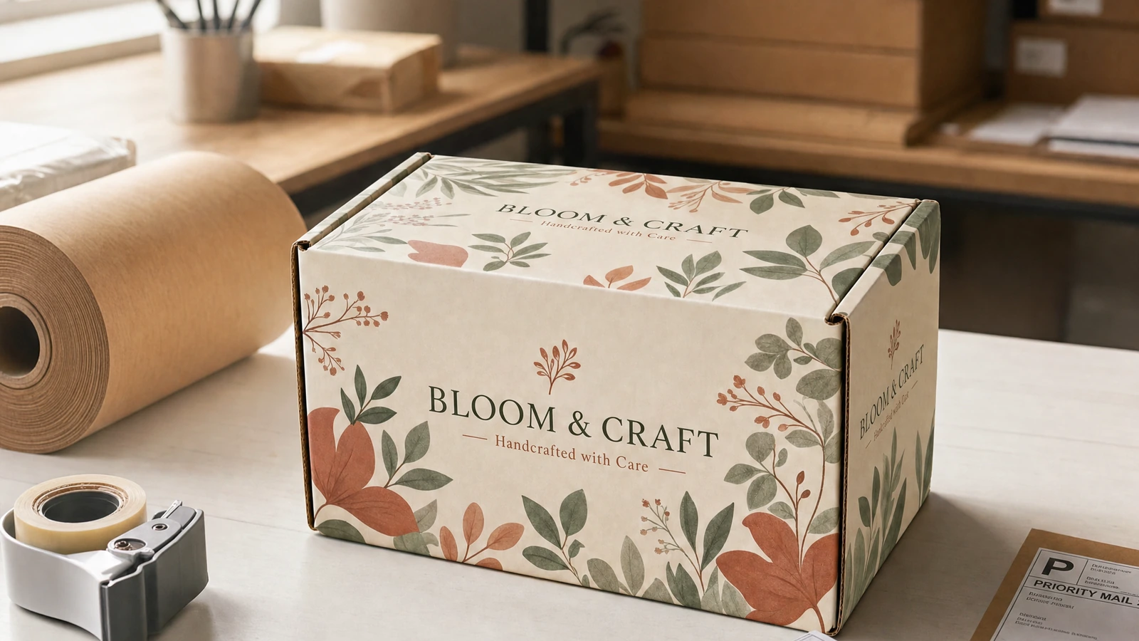 Scatola postale chiusa con stampa botanica accanto a carta kraft e a un dispenser di nastro adesivo
