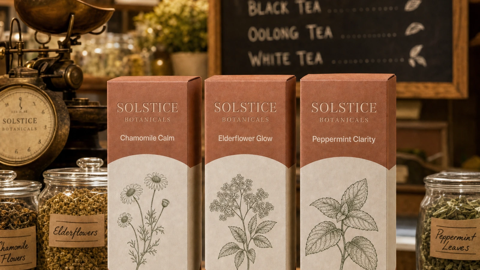 Tre scatole botaniche per tè esposte accanto a barattoli di vetro con erbe essiccate