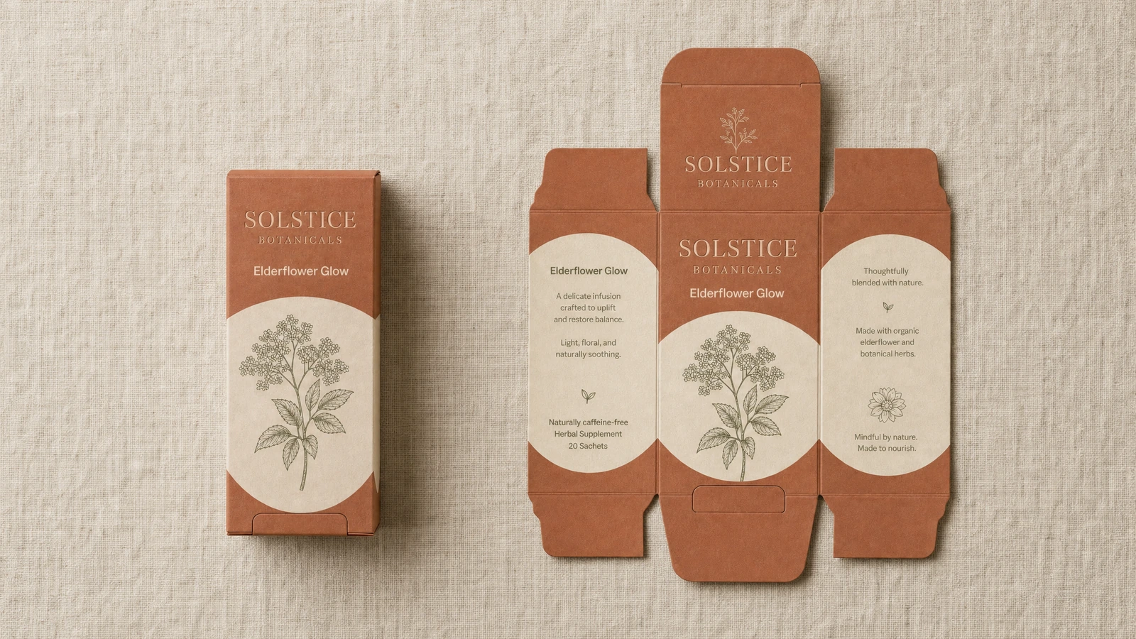 Scatola botanica in terracotta assemblata accanto al relativo fustellato stampato aperto