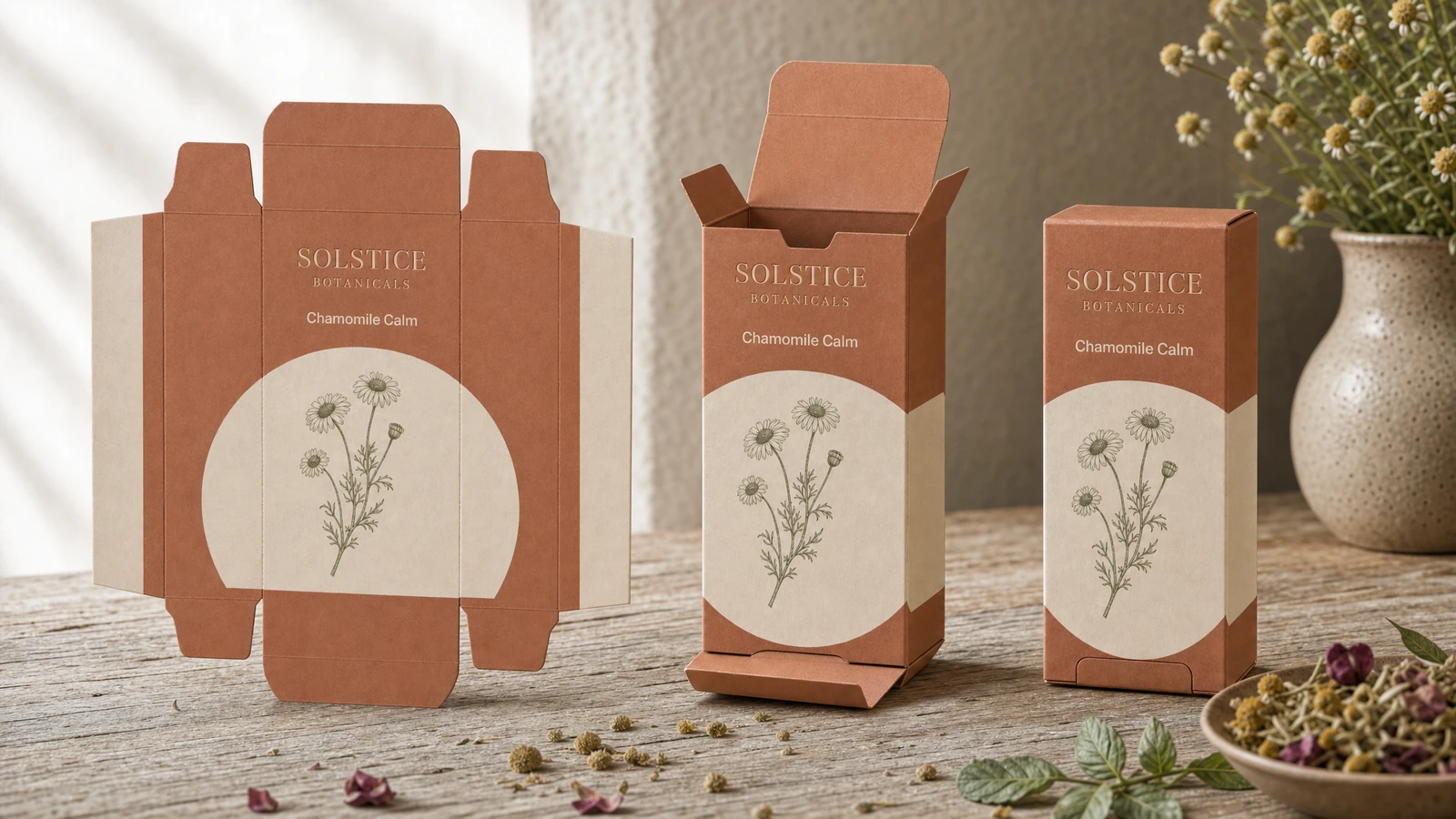 Fustellato piatto di scatola botanica accanto a una scatola aperta e a una scatola chiusa